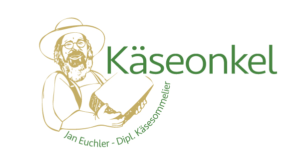 Logo Kaeseonkel, Portrait von Jan Euchler in gold und Schriftzug Kaeseonkel in dunklem gruen.