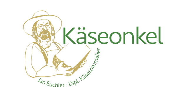 Logo Kaeseonkel, Portrait von Jan Euchler in gold und Schriftzug Käseonkel in dunklem grün.